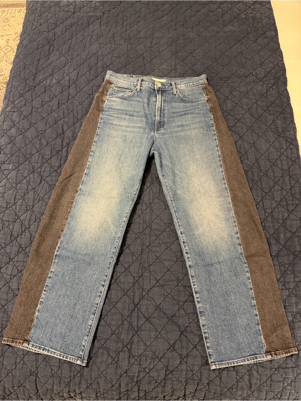 MOTHER Two-Tone Barrel Blue Denim Jeans with Black Side Panels